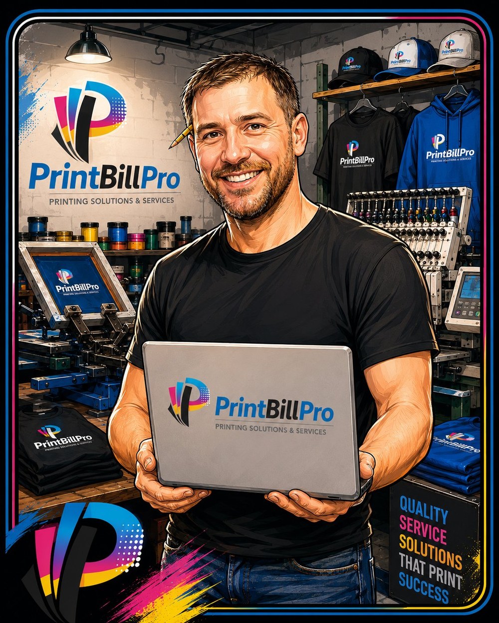 The founder of PrintBillPro in his screen printing shop, holding a laptop with the PrintBillPro logo