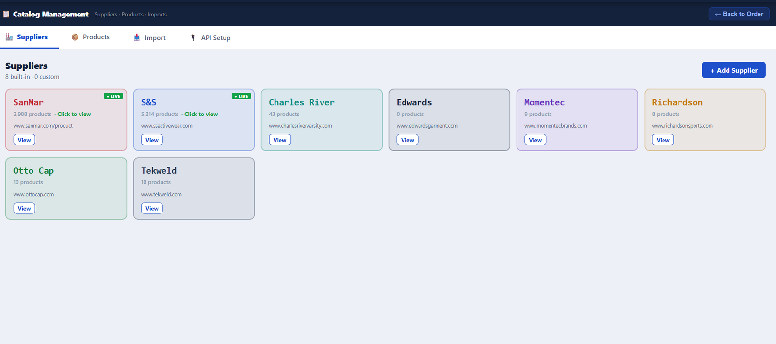 PrintBillPro catalog management screen showing connected suppliers and product counts