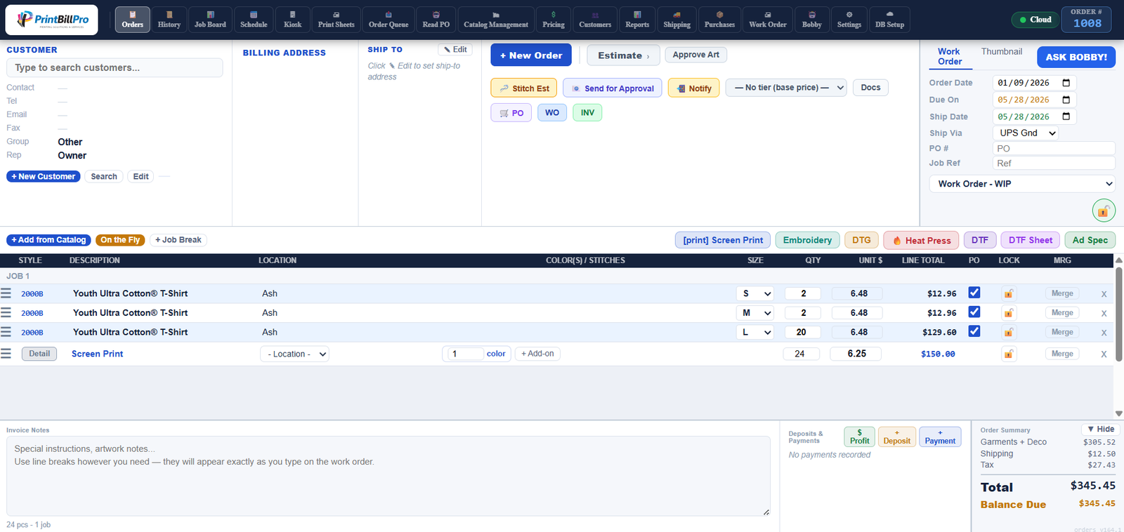 PrintBillPro order screen showing a live work order with sizes, pricing, and totals
