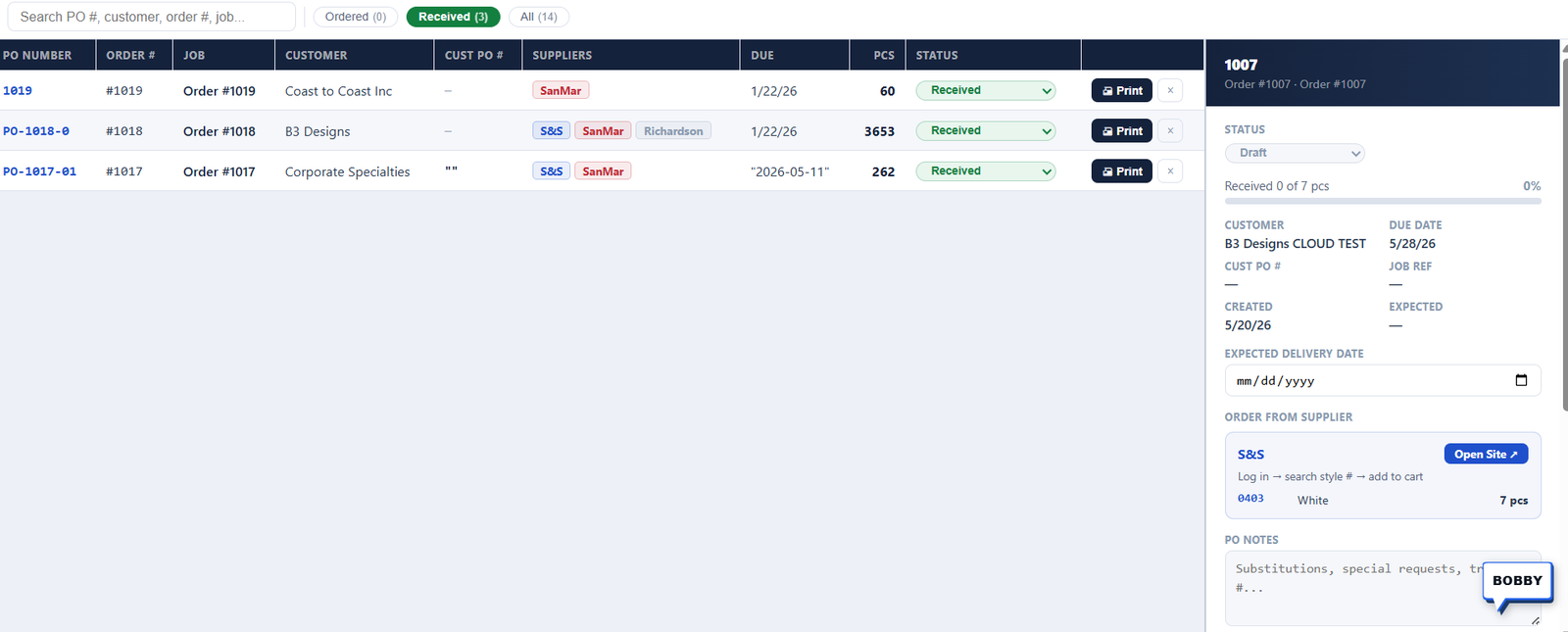 PrintBillPro purchase order screen for sending orders to suppliers