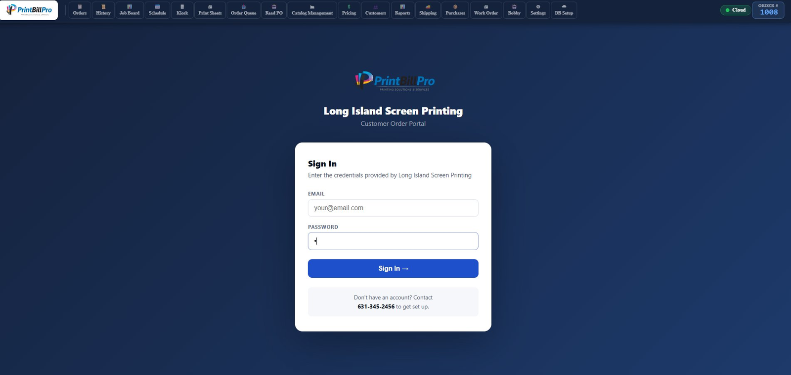 PrintBillPro branded customer order portal sign-in screen