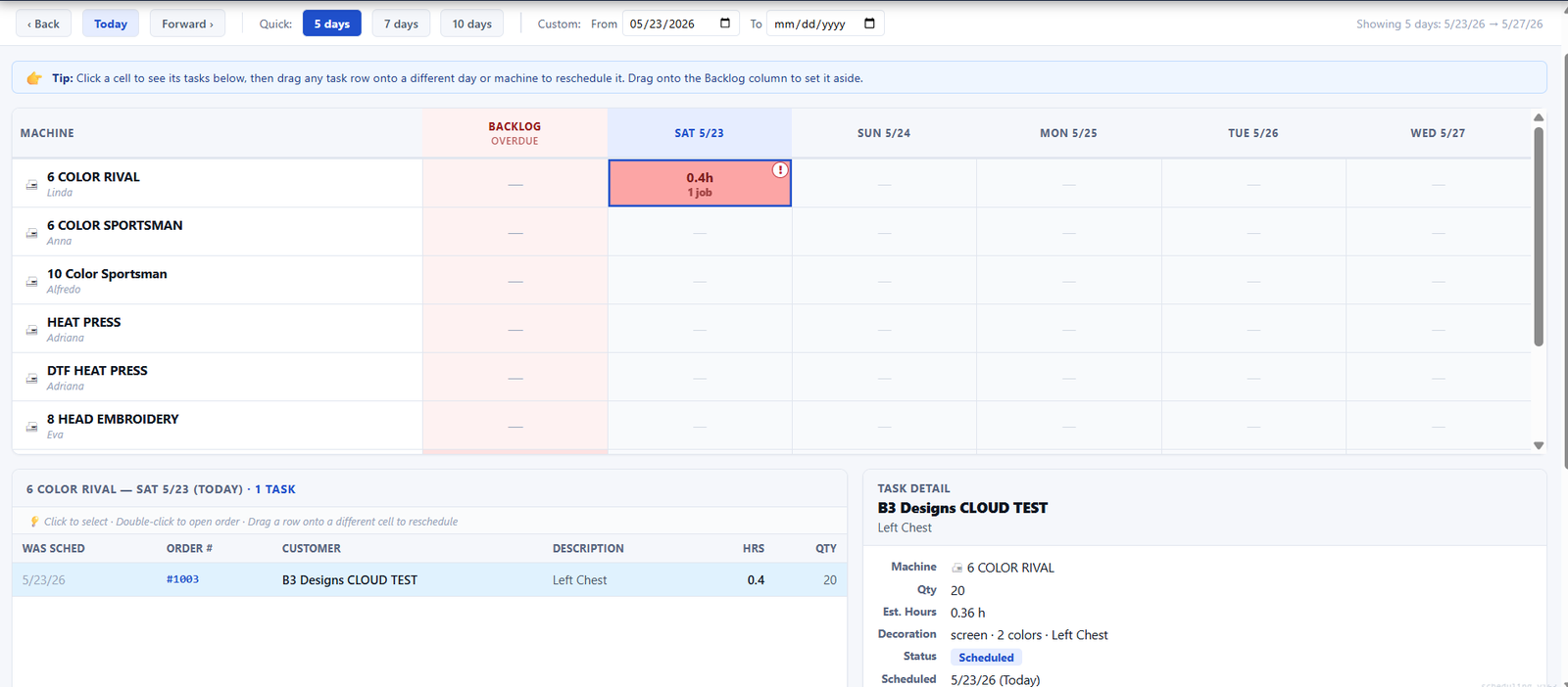 PrintBillPro production scheduler showing jobs assigned across machines and the day